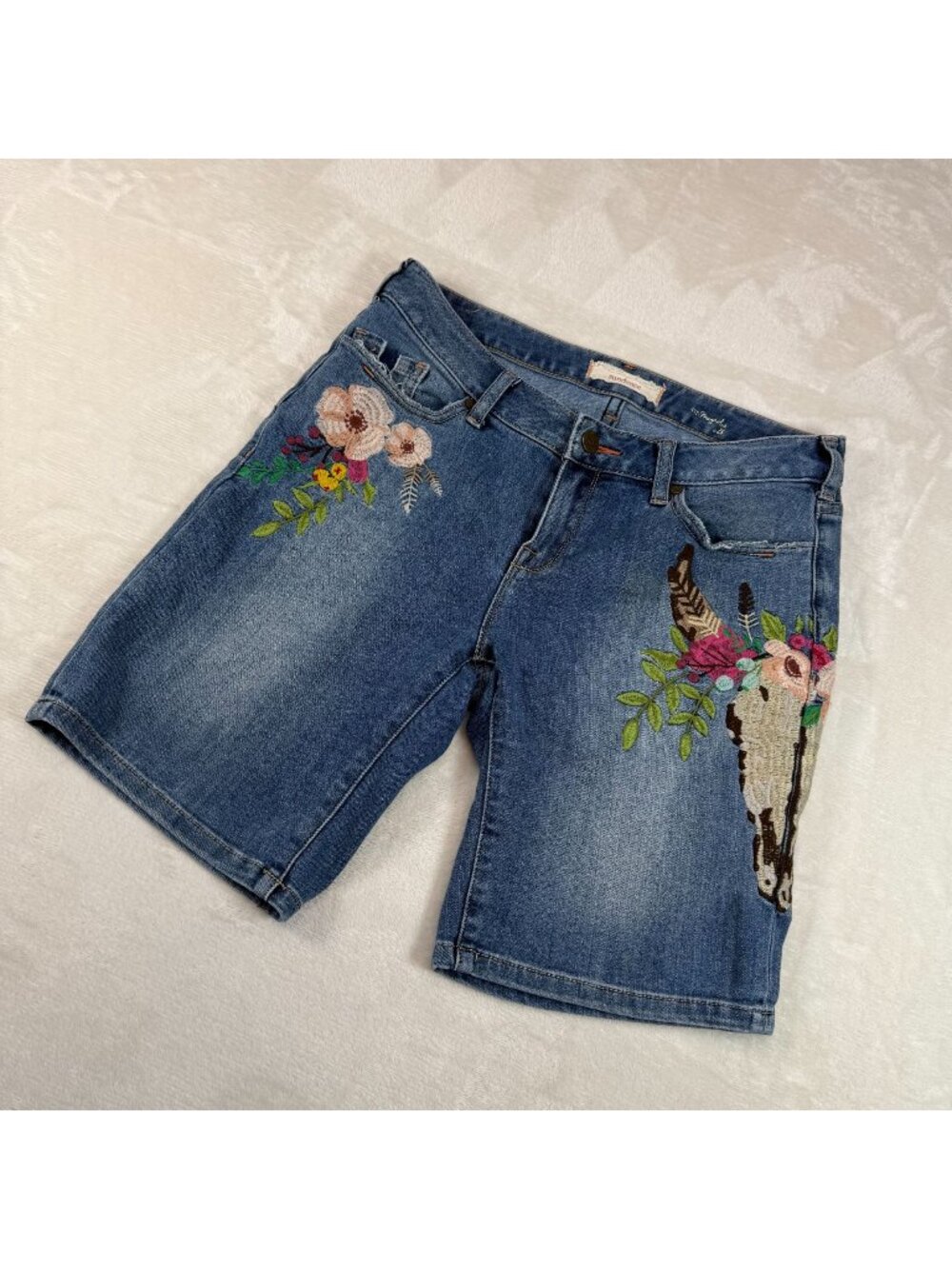 Sundance Womens 28 Magnolia Embroidered Denim Bermuda Shorts Floral Boho